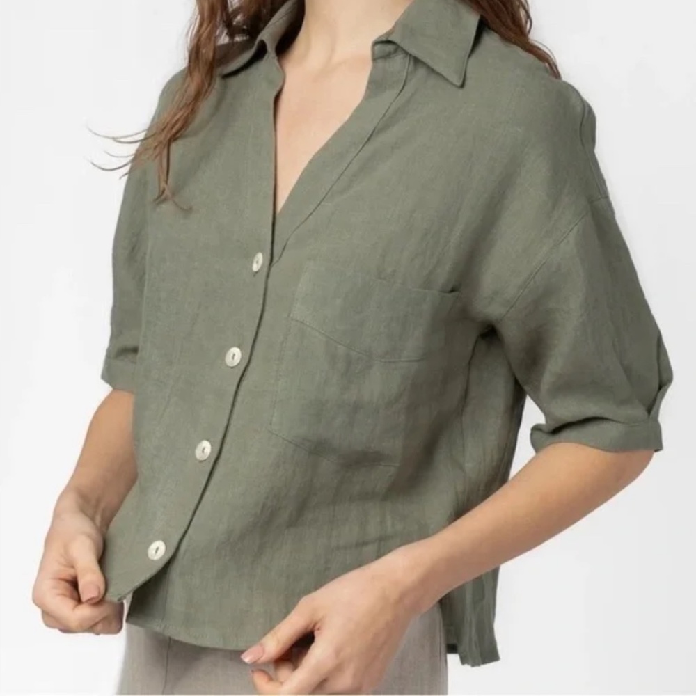 ~ Mod Ref Dawn Linen Button Down Shirt In Tan Sma… - image 2